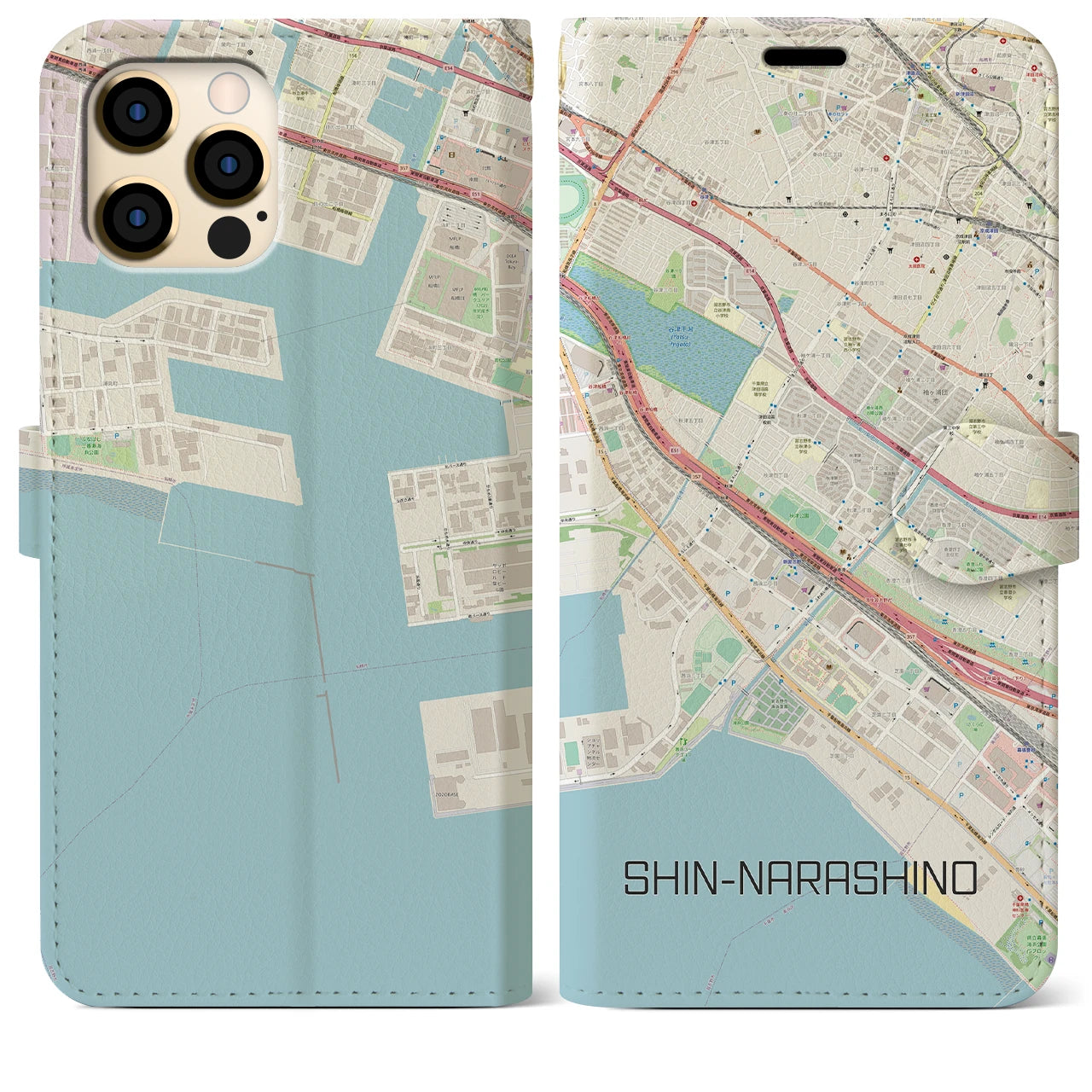 【新習志野(千葉県)】地図柄iPhoneケース(手帳タイプ)ナチュラル・iPhone 12 Pro Max 用