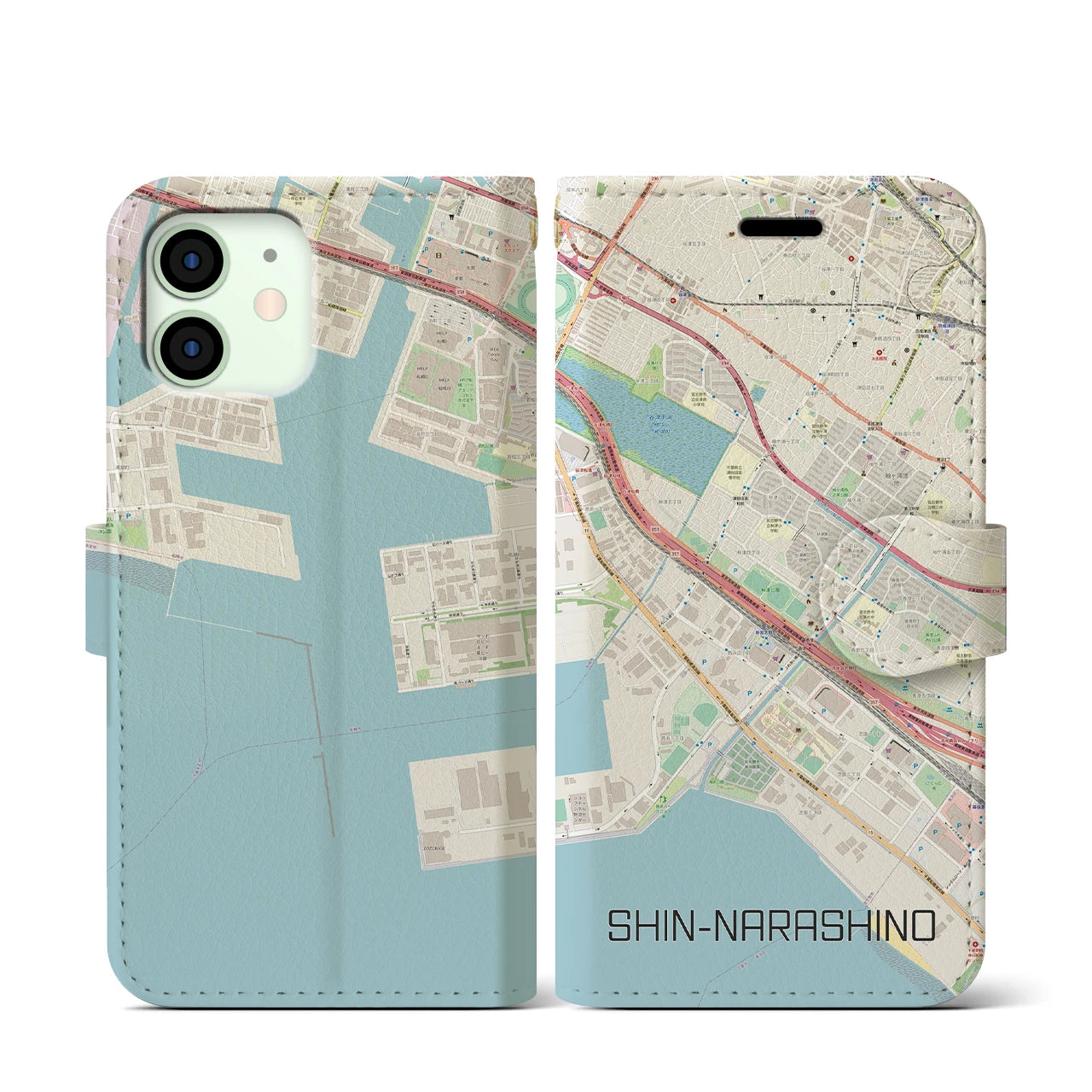 【新習志野(千葉県)】地図柄iPhoneケース(手帳タイプ)ナチュラル・iPhone 12 mini 用
