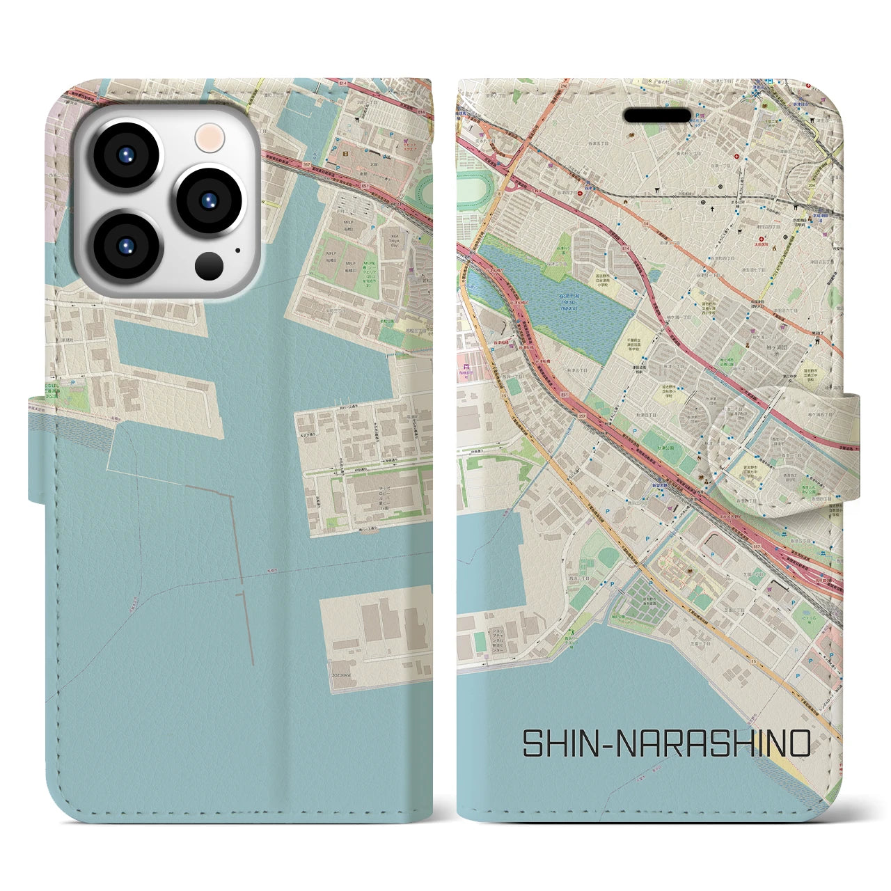 【新習志野(千葉県)】地図柄iPhoneケース(手帳タイプ)ナチュラル・iPhone 13 Pro 用