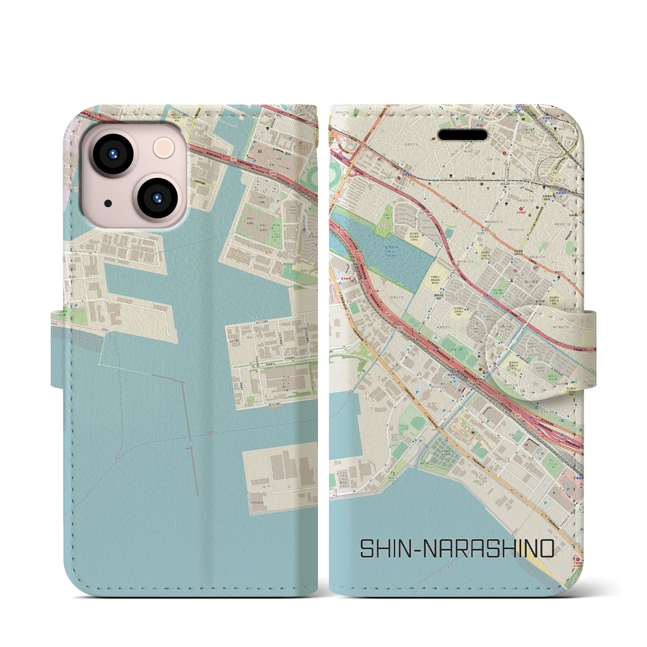 【新習志野(千葉県)】地図柄iPhoneケース(手帳タイプ)ナチュラル・iPhone 13 mini 用