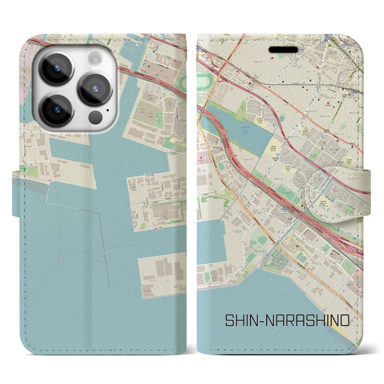 【新習志野(千葉県)】地図柄iPhoneケース(手帳タイプ)ナチュラル・iPhone 14 Pro 用