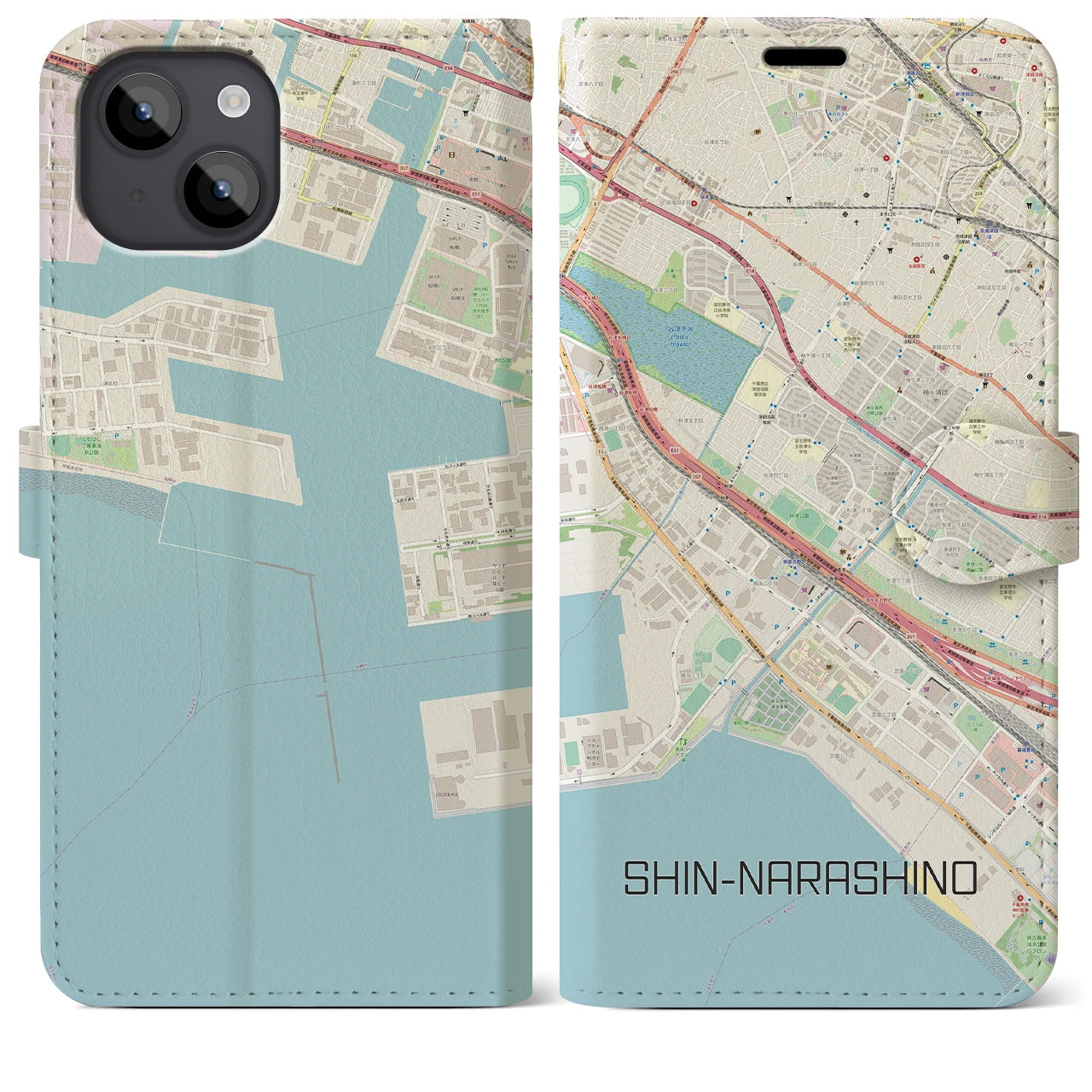 【新習志野(千葉県)】地図柄iPhoneケース(手帳タイプ)ナチュラル・iPhone 14 Plus 用