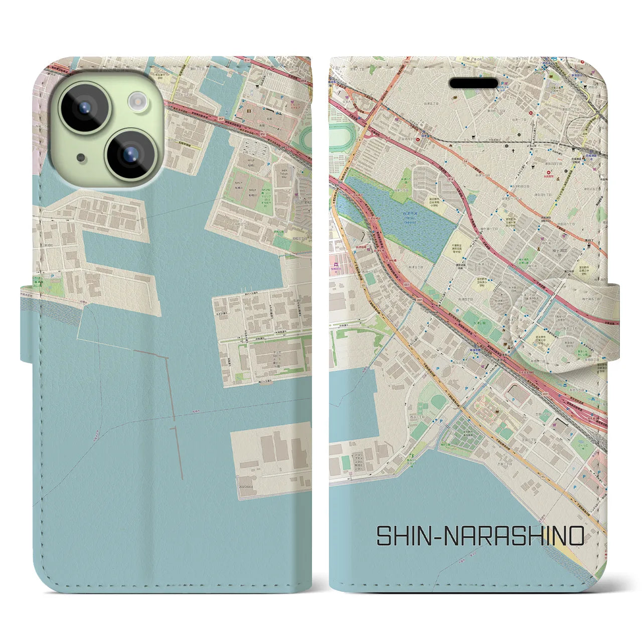【新習志野(千葉県)】地図柄iPhoneケース(手帳タイプ)ナチュラル・iPhone 15 用