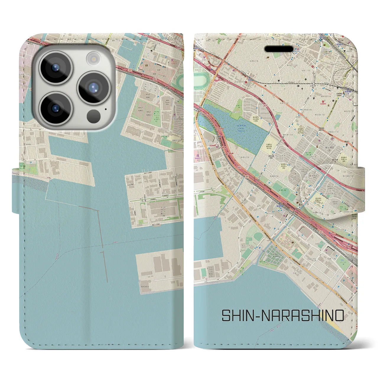 【新習志野(千葉県)】地図柄iPhoneケース(手帳タイプ)ナチュラル・iPhone 15 Pro 用