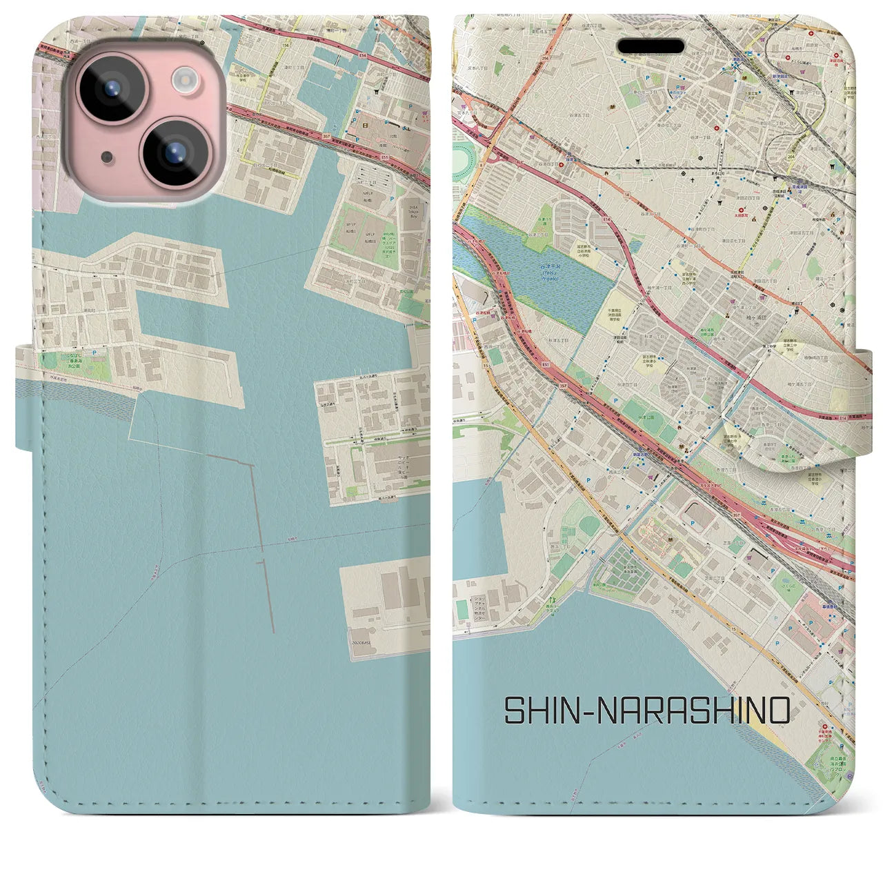 【新習志野(千葉県)】地図柄iPhoneケース(手帳タイプ)ナチュラル・iPhone 15 Plus 用