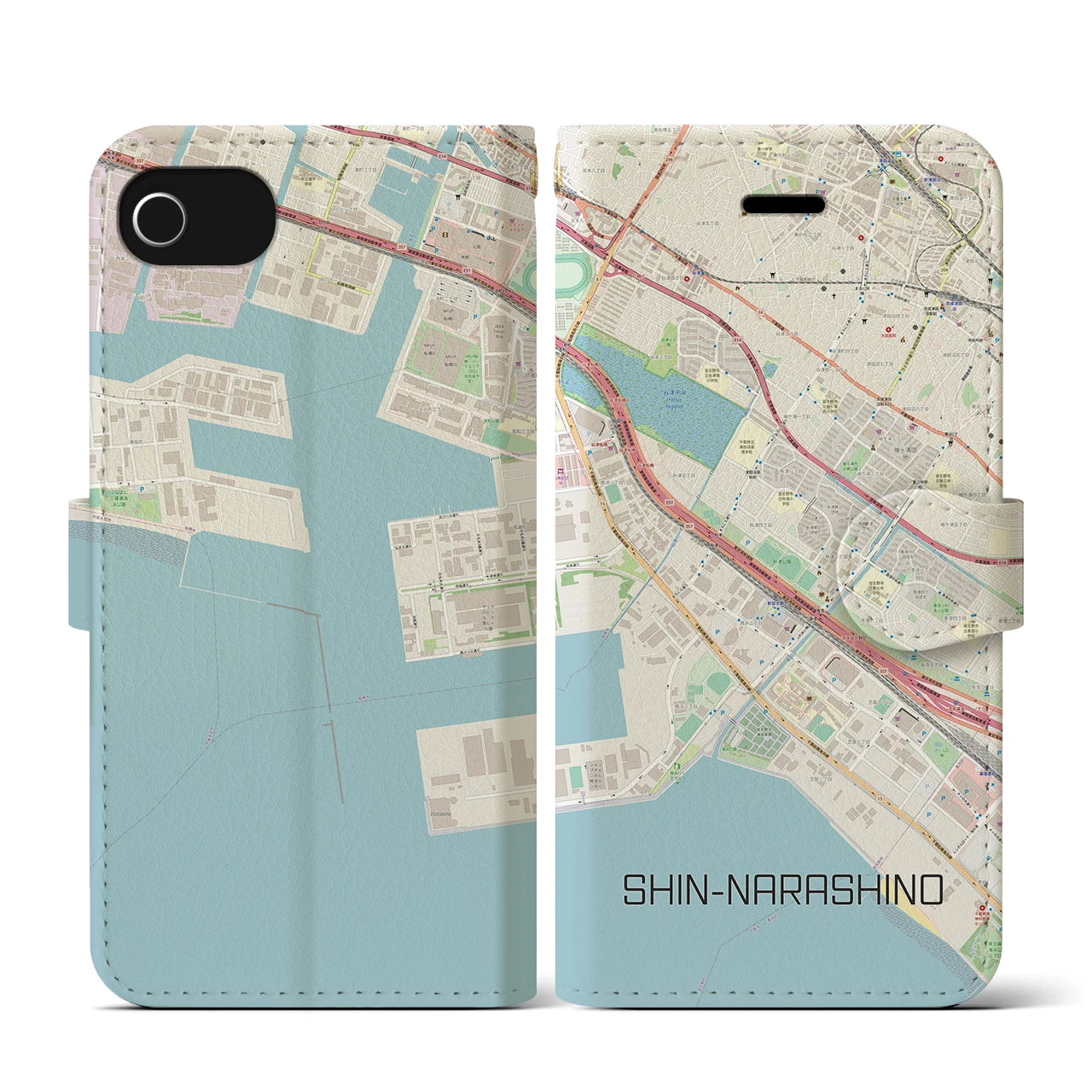 【新習志野(千葉県)】地図柄iPhoneケース(手帳タイプ)ナチュラル・iPhone SE(第3 / 第2世代) / 8 / 7 / 6s / 6 用