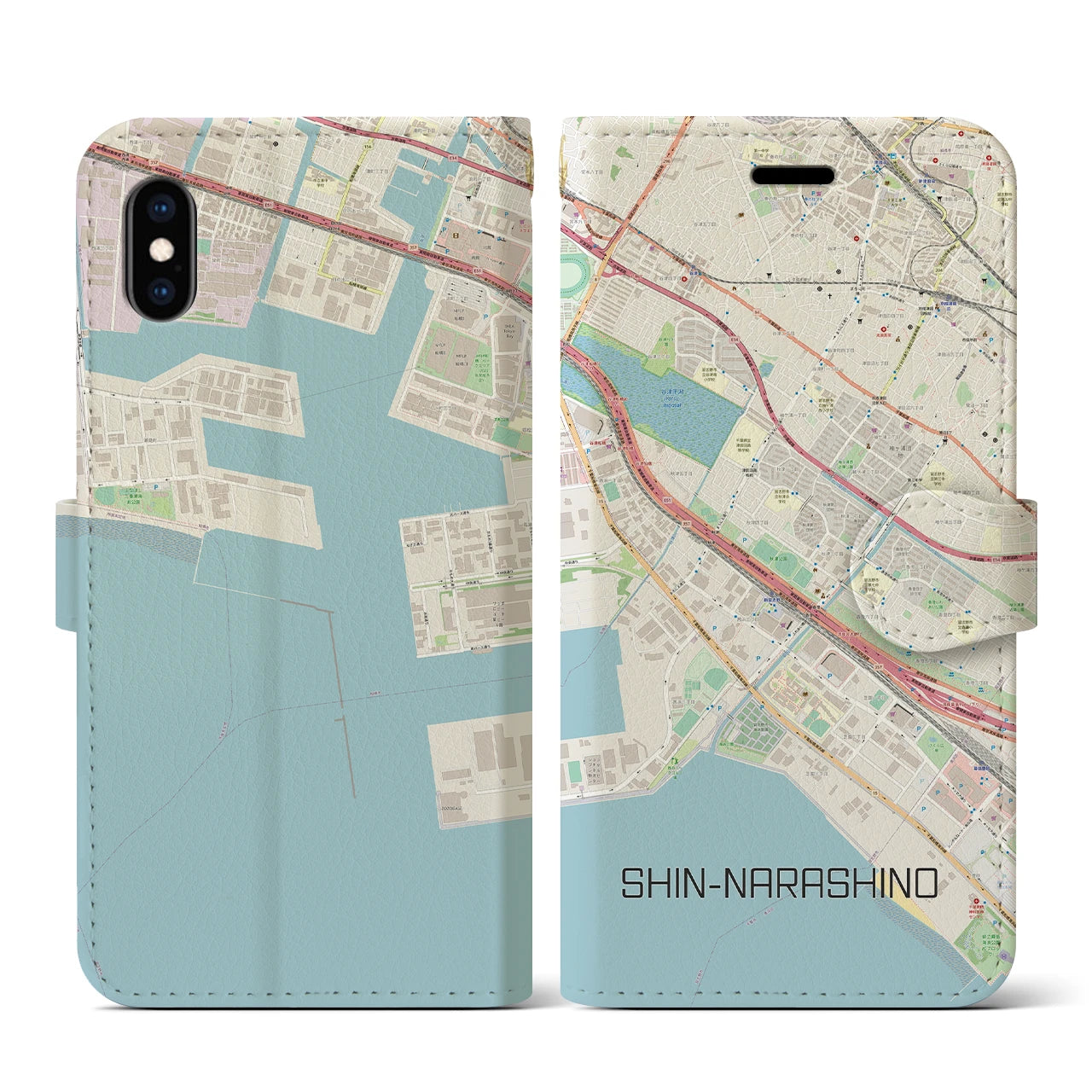 【新習志野(千葉県)】地図柄iPhoneケース(手帳タイプ)ナチュラル・iPhone XS / X 用
