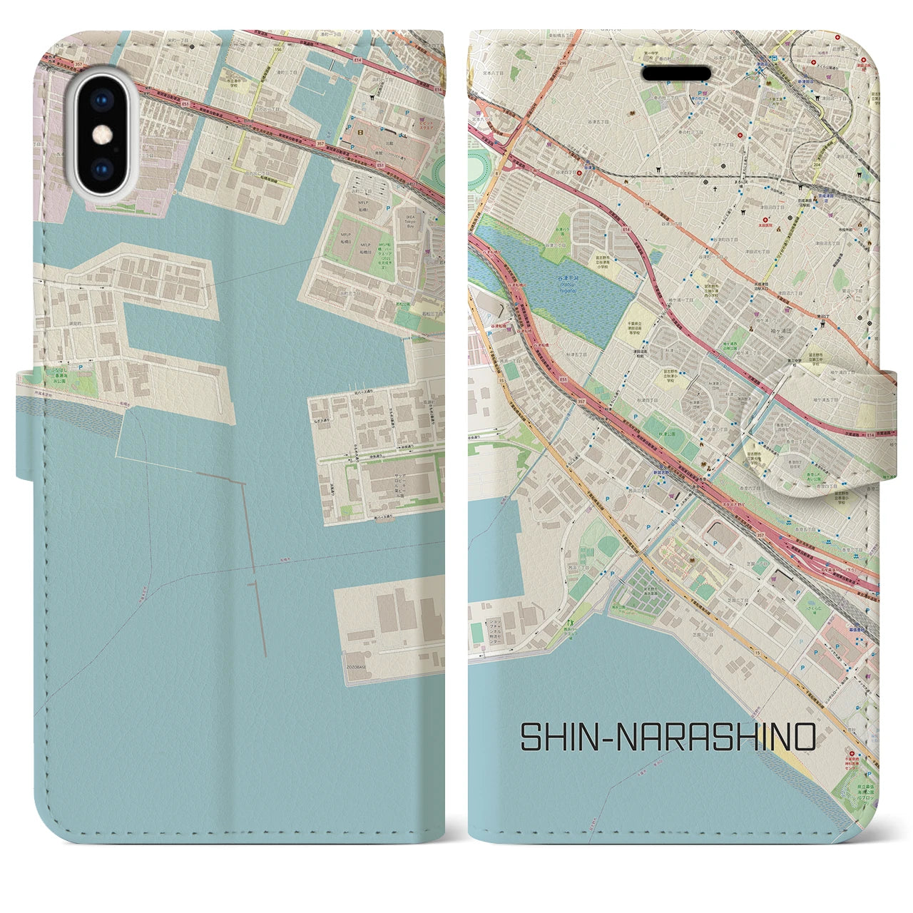 【新習志野(千葉県)】地図柄iPhoneケース(手帳タイプ)ナチュラル・iPhone XS Max 用