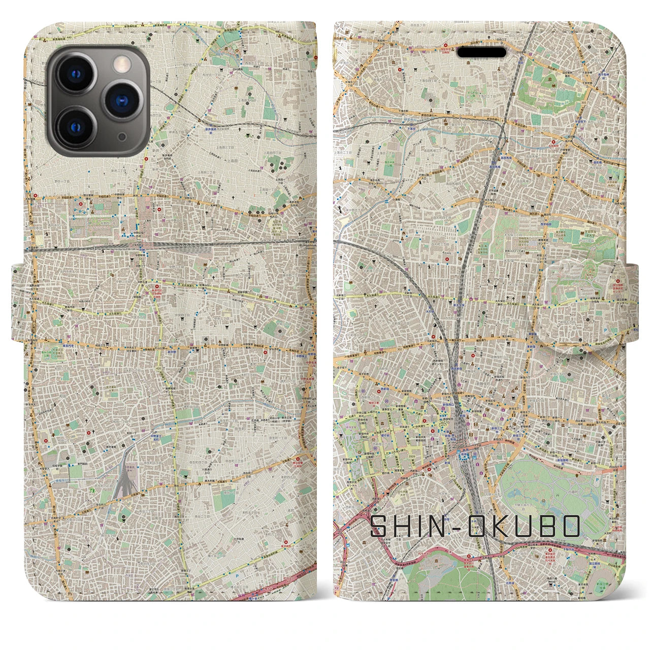 【新大久保(東京都)】地図柄iPhoneケース(手帳タイプ)ナチュラル・iPhone 11 Pro Max 用