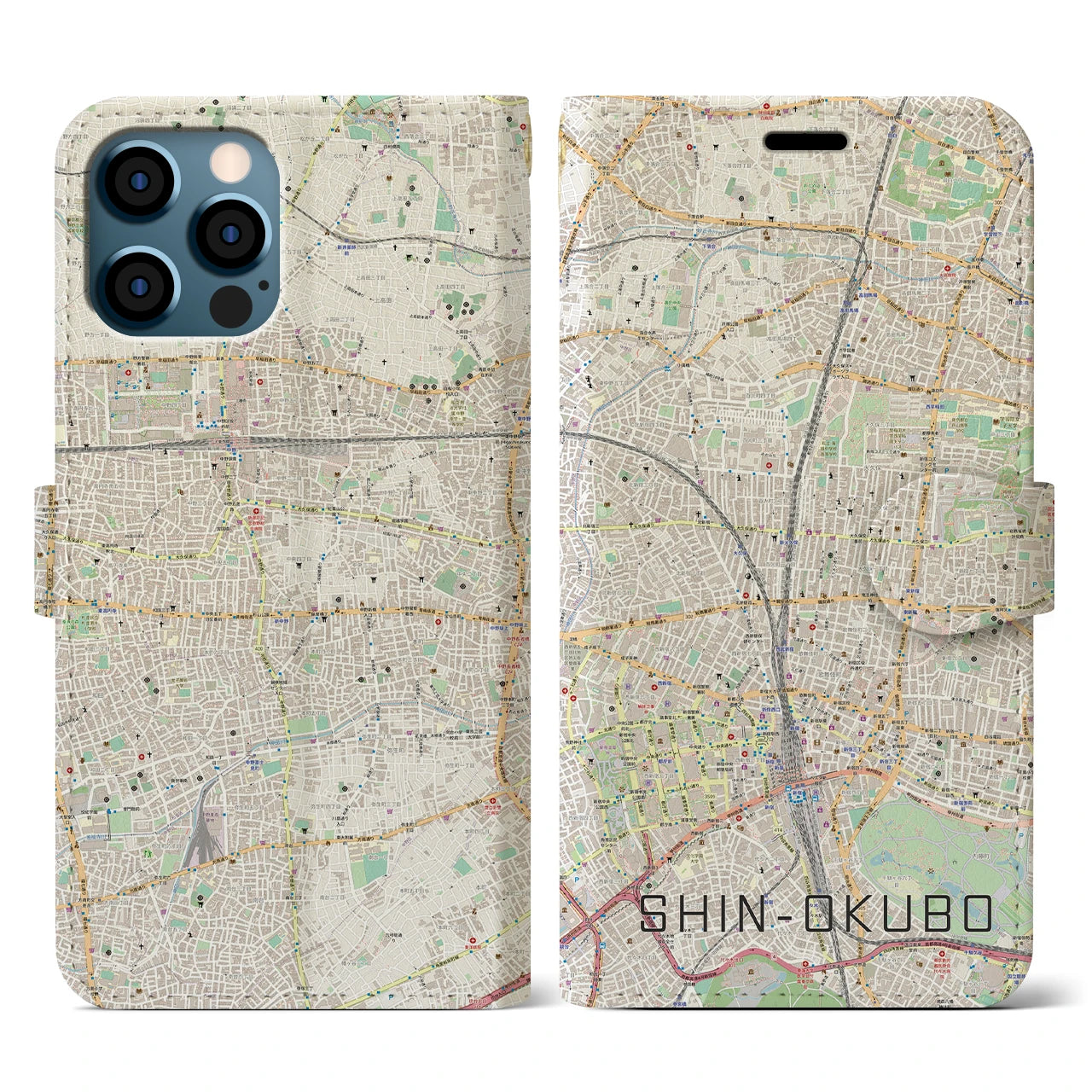 【新大久保(東京都)】地図柄iPhoneケース(手帳タイプ)ナチュラル・iPhone 12 / 12 Pro 用