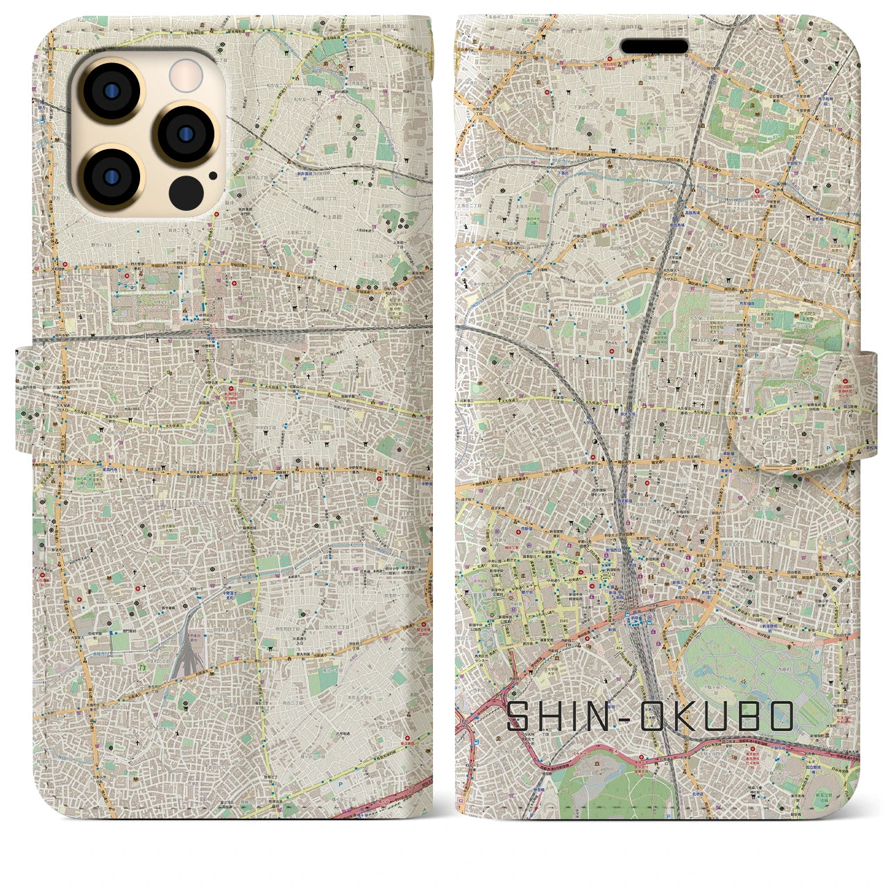 【新大久保(東京都)】地図柄iPhoneケース(手帳タイプ)ナチュラル・iPhone 12 Pro Max 用