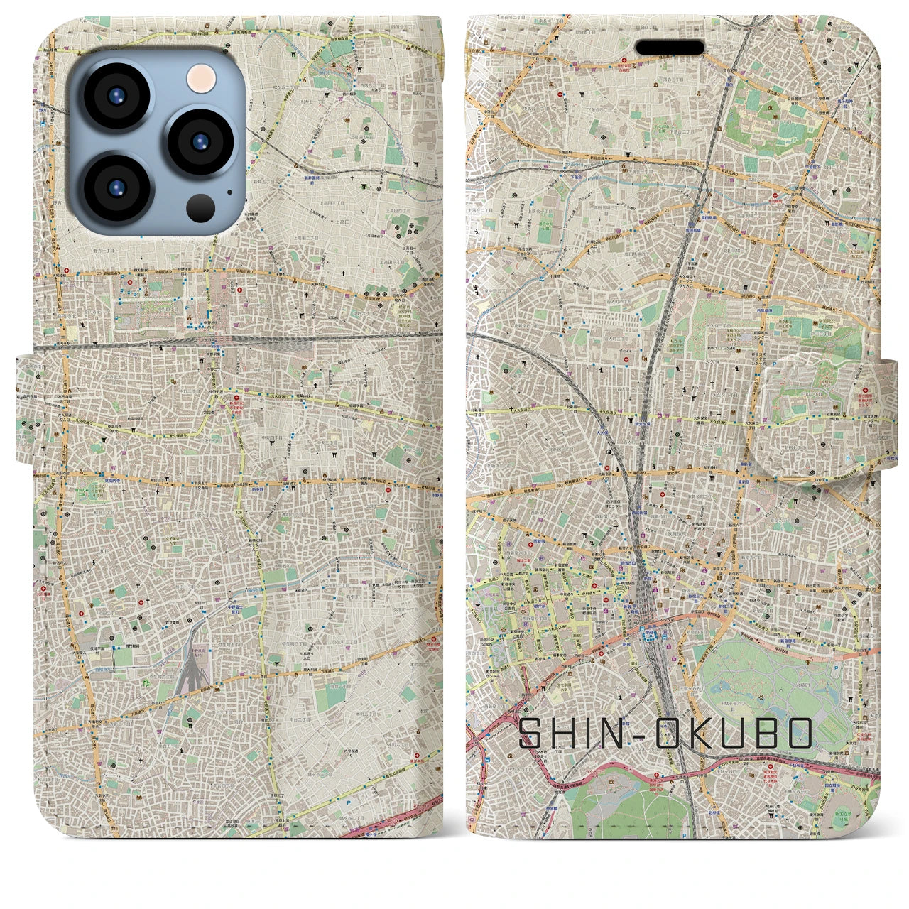 【新大久保(東京都)】地図柄iPhoneケース(手帳タイプ)ナチュラル・iPhone 13 Pro Max 用