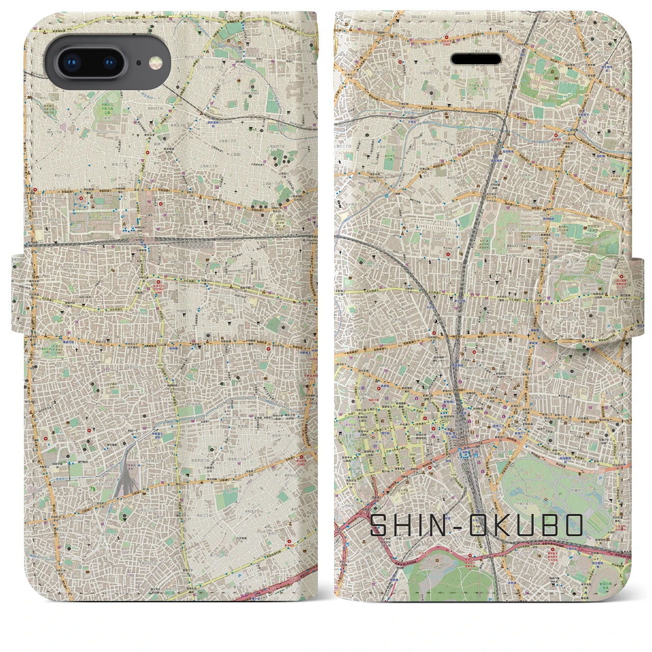 【新大久保(東京都)】地図柄iPhoneケース(手帳タイプ)ナチュラル・iPhone 8Plus /7Plus / 6sPlus / 6Plus 用