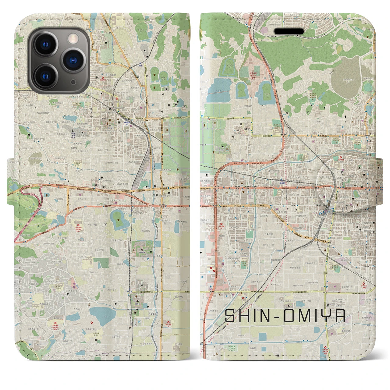 【新大宮(奈良県)】地図柄iPhoneケース(手帳タイプ)ナチュラル・iPhone 11 Pro Max 用