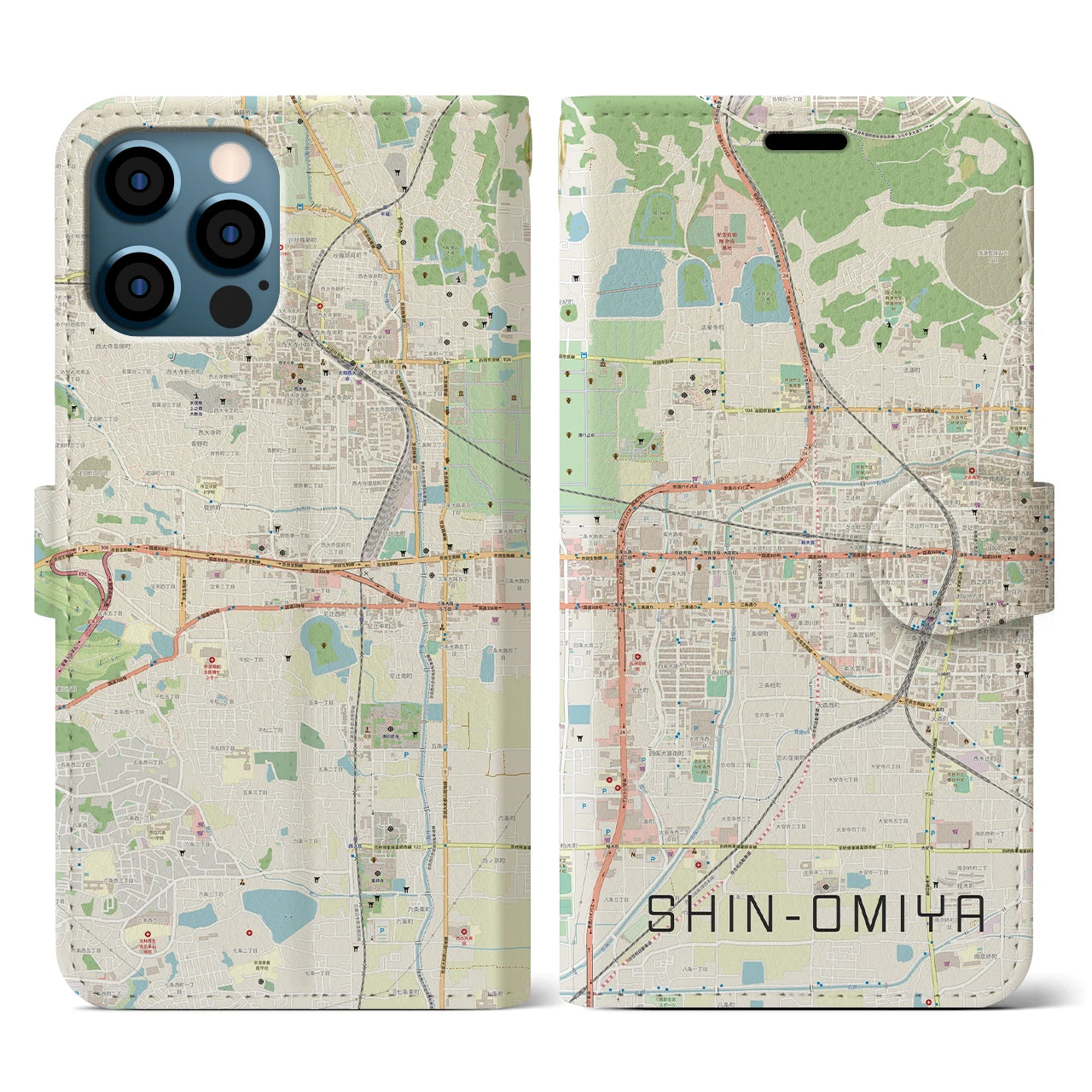 【新大宮(奈良県)】地図柄iPhoneケース(手帳タイプ)ナチュラル・iPhone 12 / 12 Pro 用