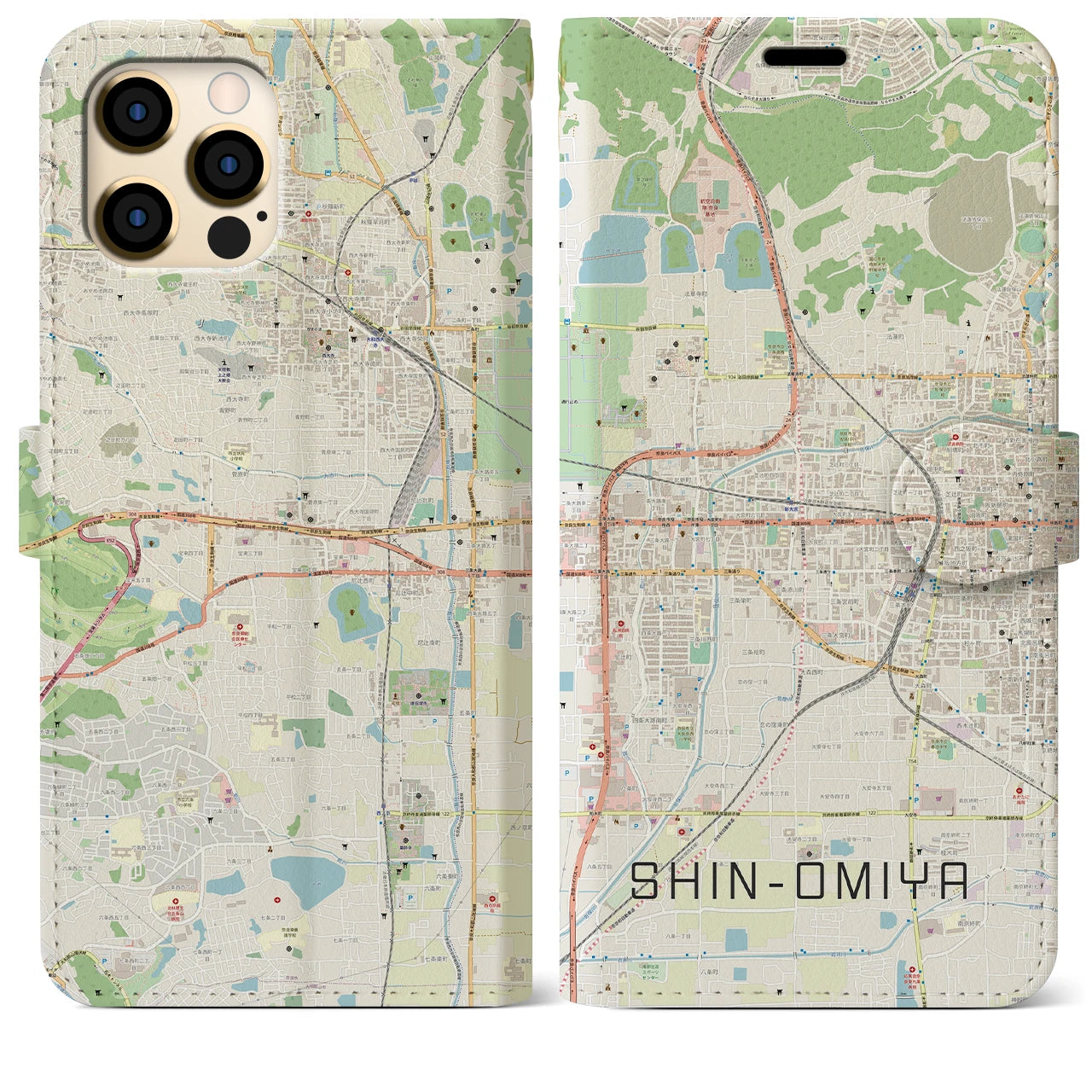 【新大宮(奈良県)】地図柄iPhoneケース(手帳タイプ)ナチュラル・iPhone 12 Pro Max 用