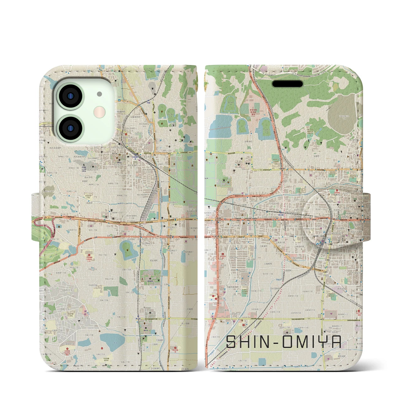 【新大宮(奈良県)】地図柄iPhoneケース(手帳タイプ)ナチュラル・iPhone 12 mini 用