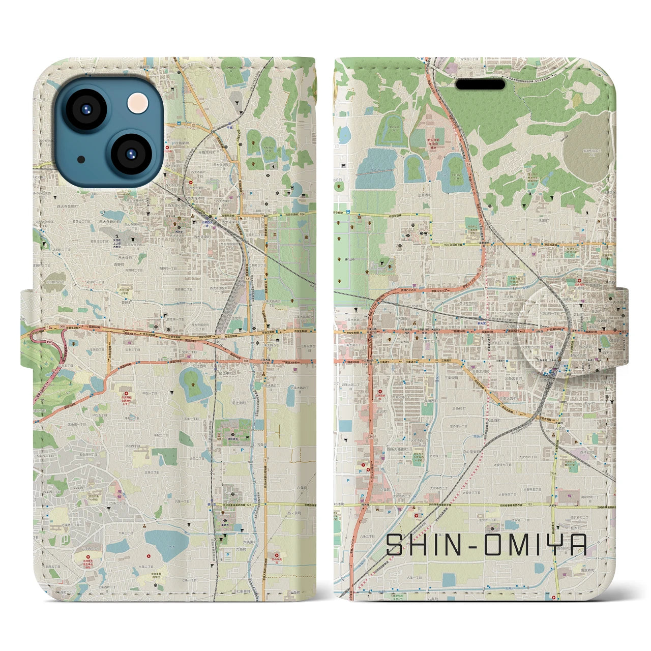 【新大宮(奈良県)】地図柄iPhoneケース(手帳タイプ)ナチュラル・iPhone 13 用