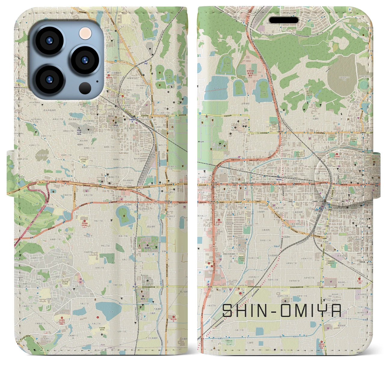 【新大宮(奈良県)】地図柄iPhoneケース(手帳タイプ)ナチュラル・iPhone 13 Pro Max 用