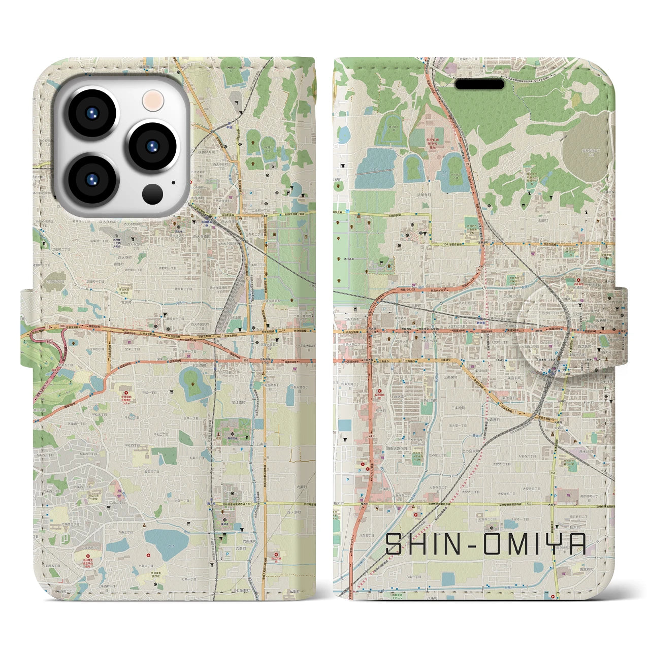 【新大宮(奈良県)】地図柄iPhoneケース(手帳タイプ)ナチュラル・iPhone 13 Pro 用