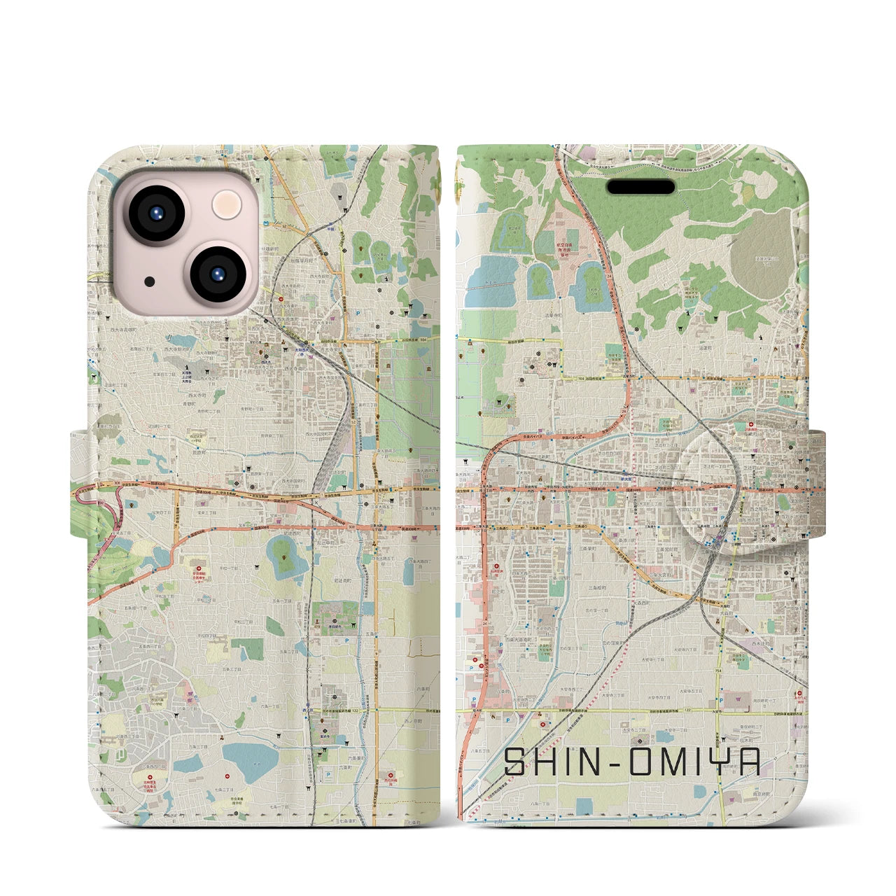 【新大宮(奈良県)】地図柄iPhoneケース(手帳タイプ)ナチュラル・iPhone 13 mini 用