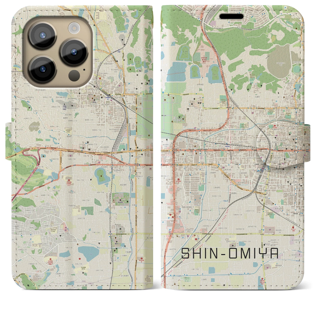 【新大宮(奈良県)】地図柄iPhoneケース(手帳タイプ)ナチュラル・iPhone 14 Pro Max 用