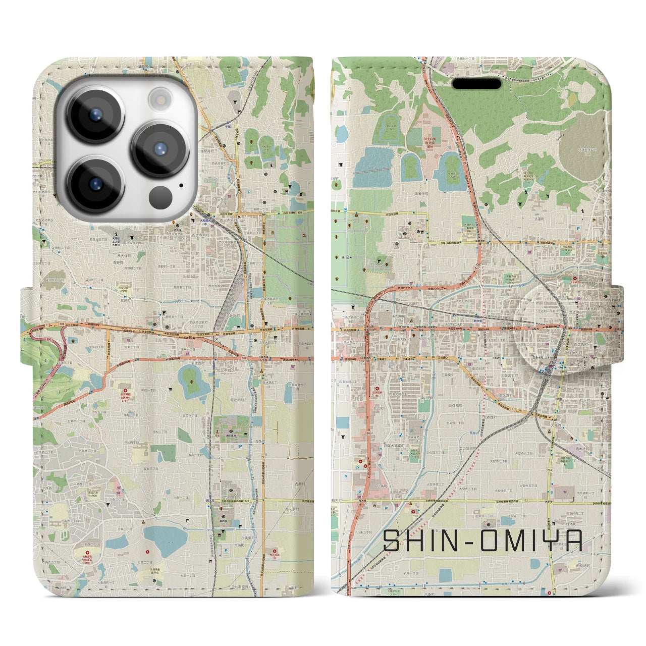 【新大宮(奈良県)】地図柄iPhoneケース(手帳タイプ)ナチュラル・iPhone 14 Pro 用