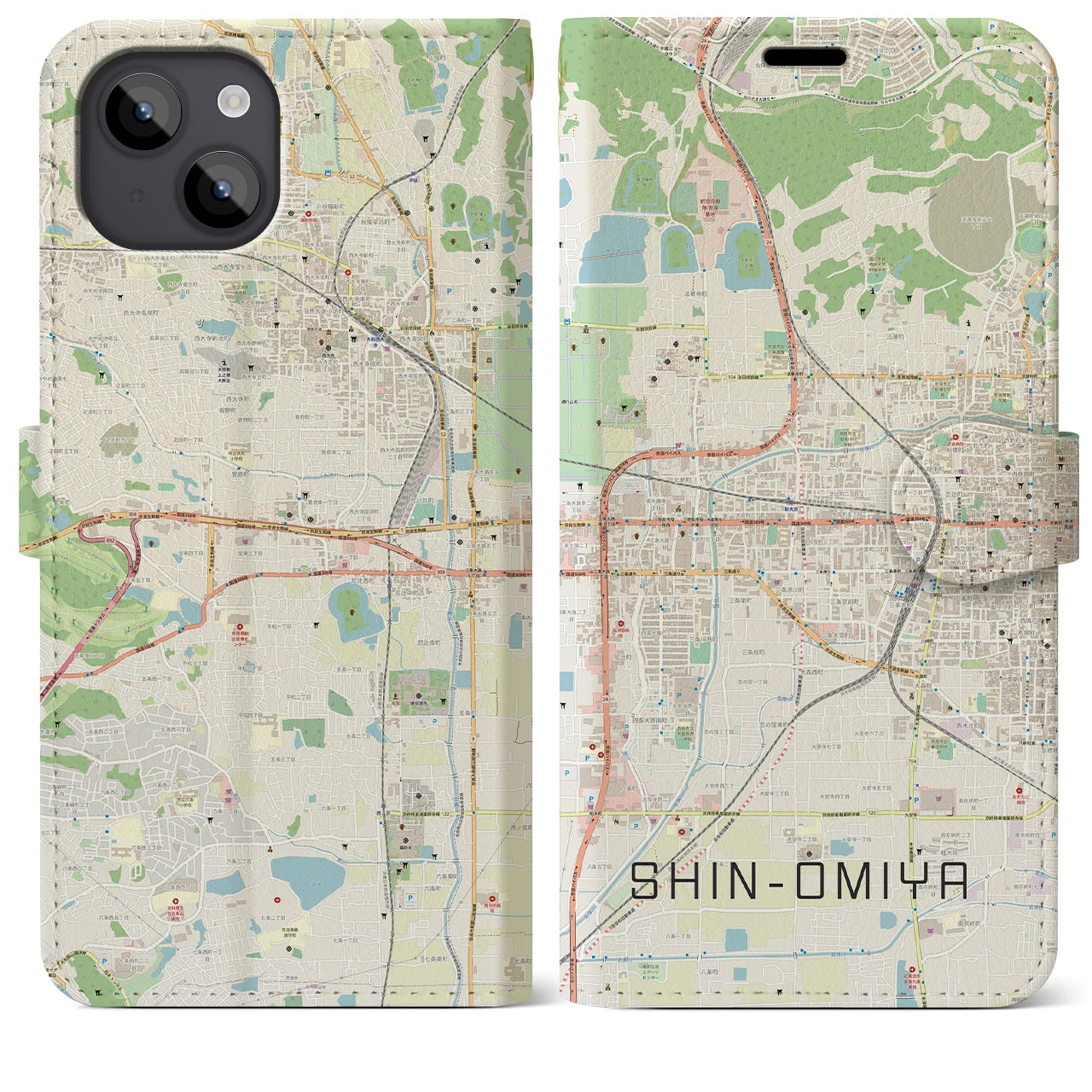 【新大宮(奈良県)】地図柄iPhoneケース(手帳タイプ)ナチュラル・iPhone 14 Plus 用