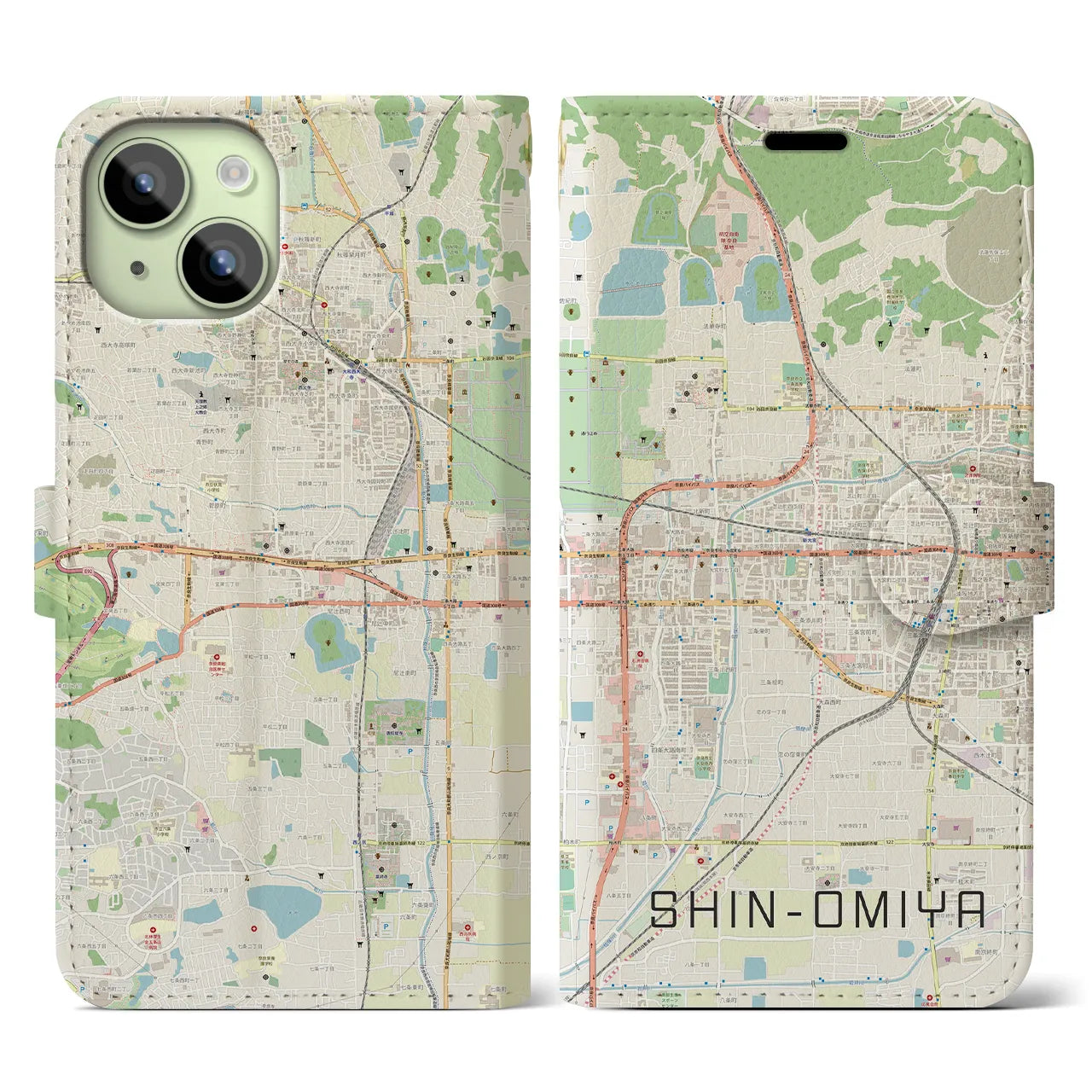 【新大宮(奈良県)】地図柄iPhoneケース(手帳タイプ)ナチュラル・iPhone 15 用