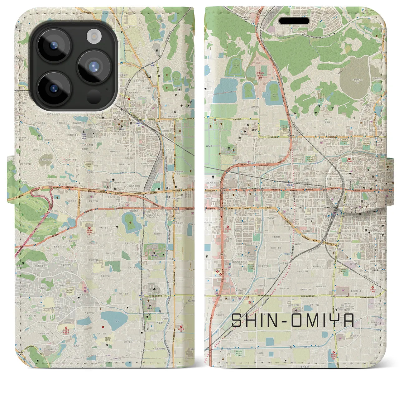 【新大宮(奈良県)】地図柄iPhoneケース(手帳タイプ)ナチュラル・iPhone 15 Pro Max 用