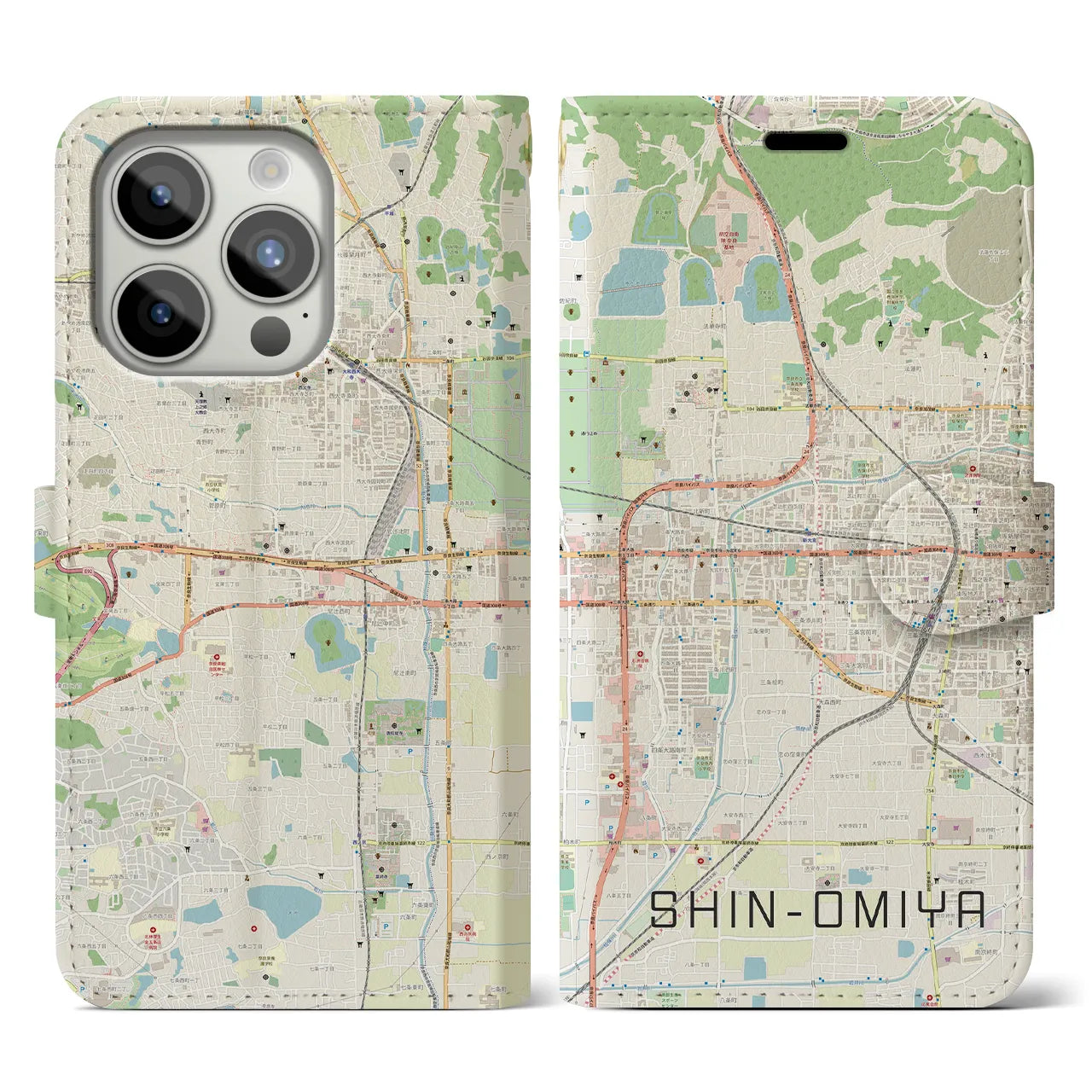 【新大宮(奈良県)】地図柄iPhoneケース(手帳タイプ)ナチュラル・iPhone 15 Pro 用