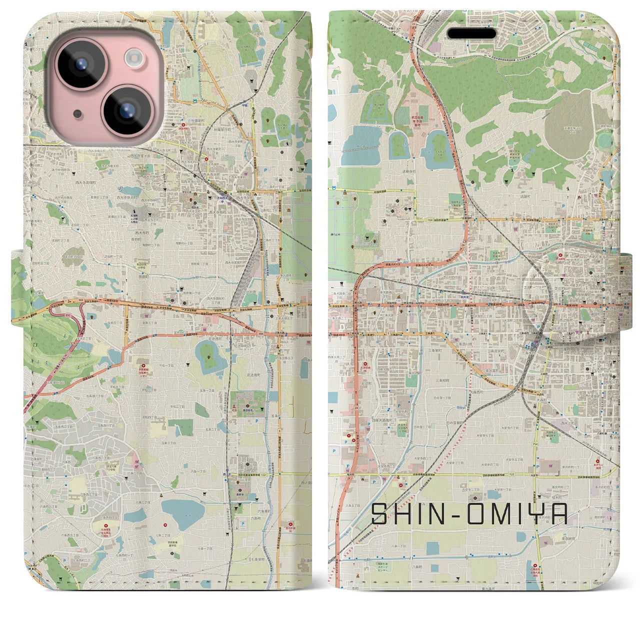 【新大宮(奈良県)】地図柄iPhoneケース(手帳タイプ)ナチュラル・iPhone 15 Plus 用