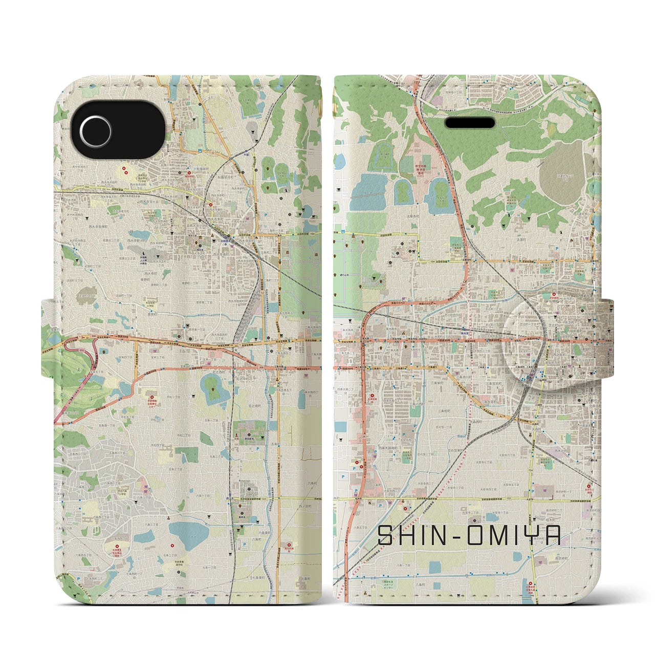 【新大宮(奈良県)】地図柄iPhoneケース(手帳タイプ)ナチュラル・iPhone SE(第3 / 第2世代) / 8 / 7 / 6s / 6 用