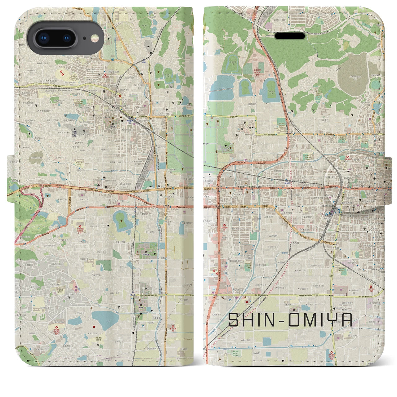 【新大宮(奈良県)】地図柄iPhoneケース(手帳タイプ)ナチュラル・iPhone 8Plus /7Plus / 6sPlus / 6Plus 用