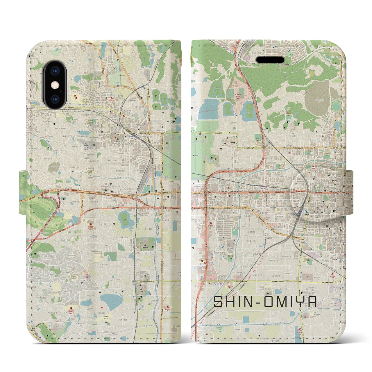 【新大宮(奈良県)】地図柄iPhoneケース(手帳タイプ)ナチュラル・iPhone XS / X 用