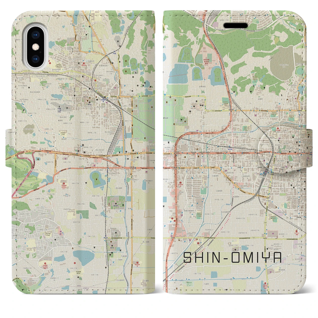 【新大宮(奈良県)】地図柄iPhoneケース(手帳タイプ)ナチュラル・iPhone XS Max 用