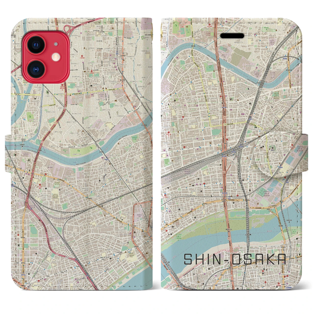 【新大阪(大阪府)】地図柄iPhoneケース(手帳タイプ)ナチュラル・iPhone 11 用