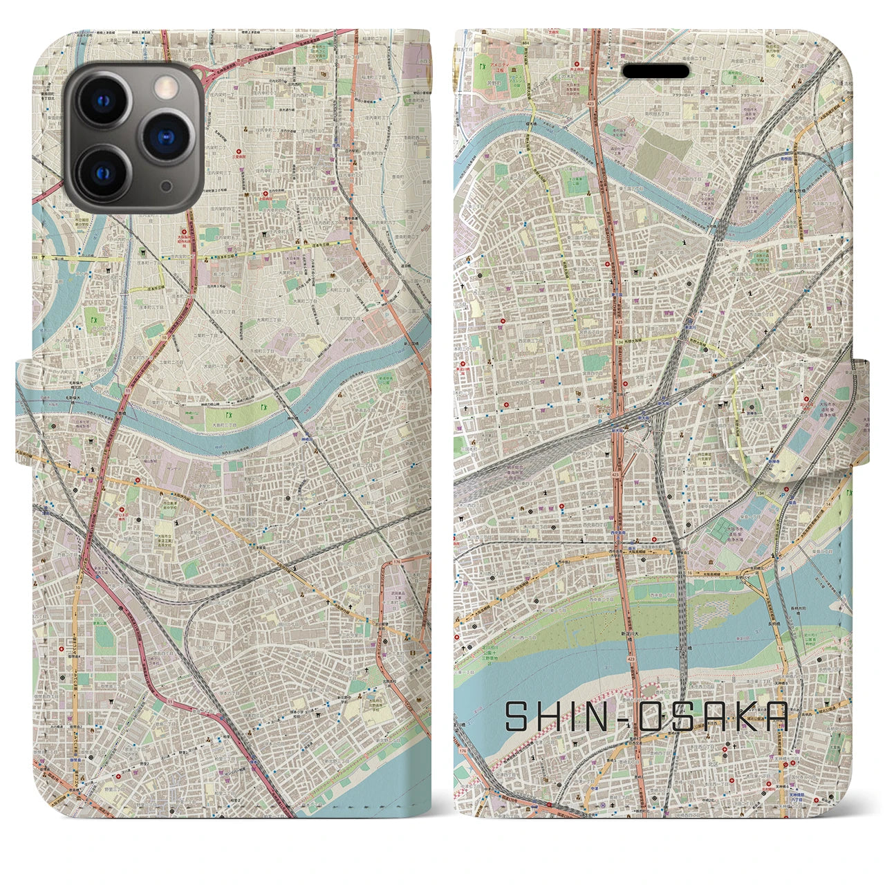 【新大阪(大阪府)】地図柄iPhoneケース(手帳タイプ)ナチュラル・iPhone 11 Pro Max 用