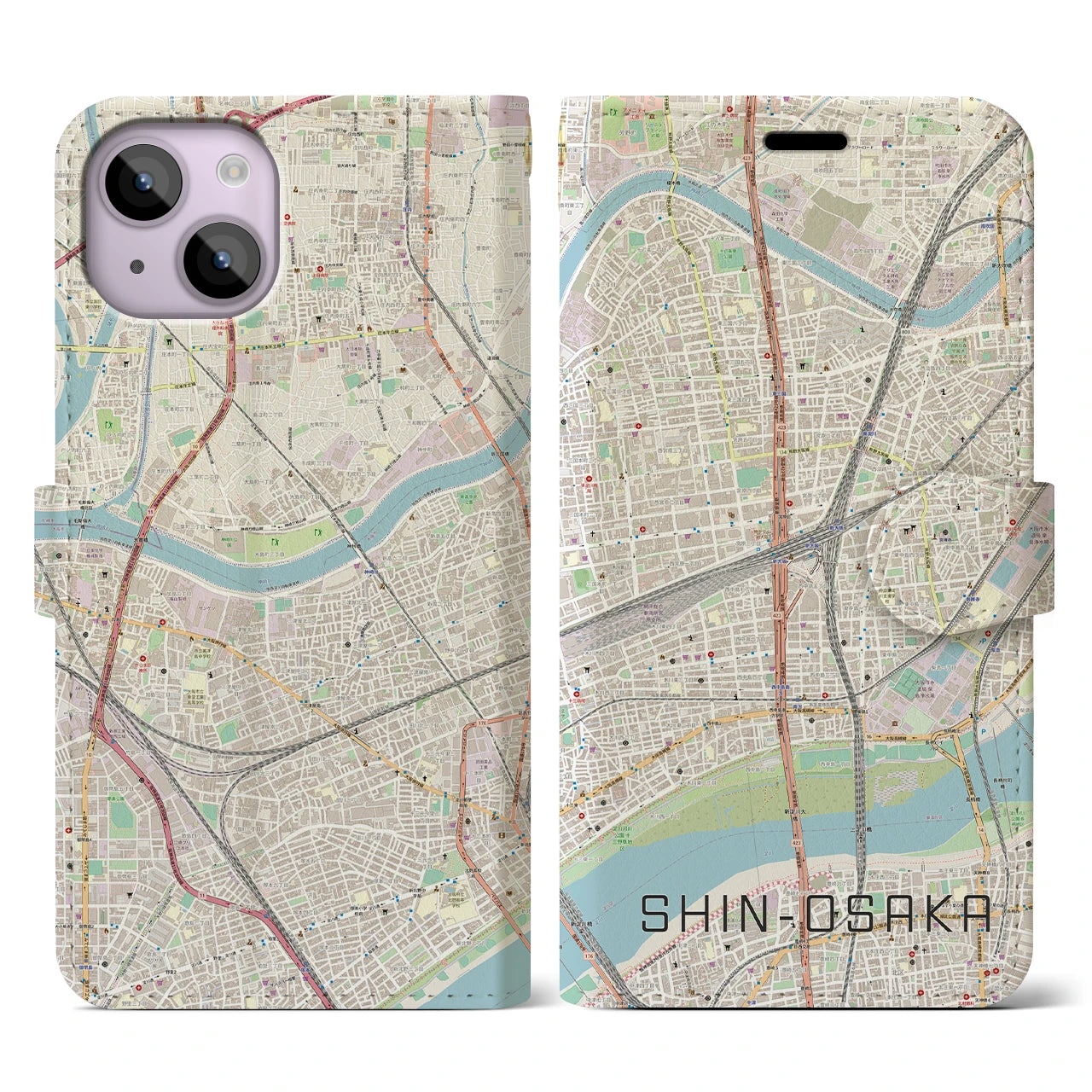 【新大阪(大阪府)】地図柄iPhoneケース(手帳タイプ)ナチュラル・iPhone 14 用