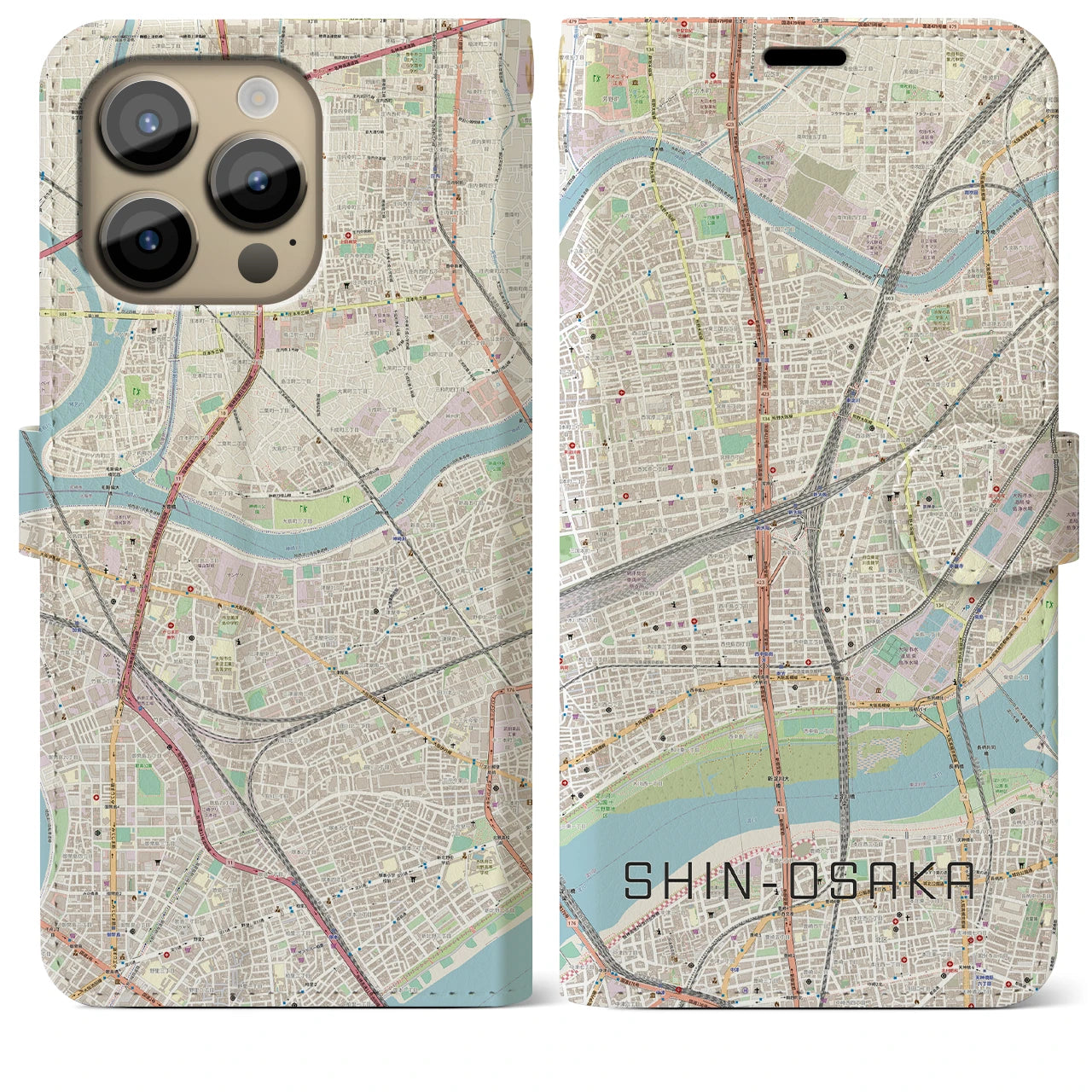 【新大阪(大阪府)】地図柄iPhoneケース(手帳タイプ)ナチュラル・iPhone 14 Pro Max 用