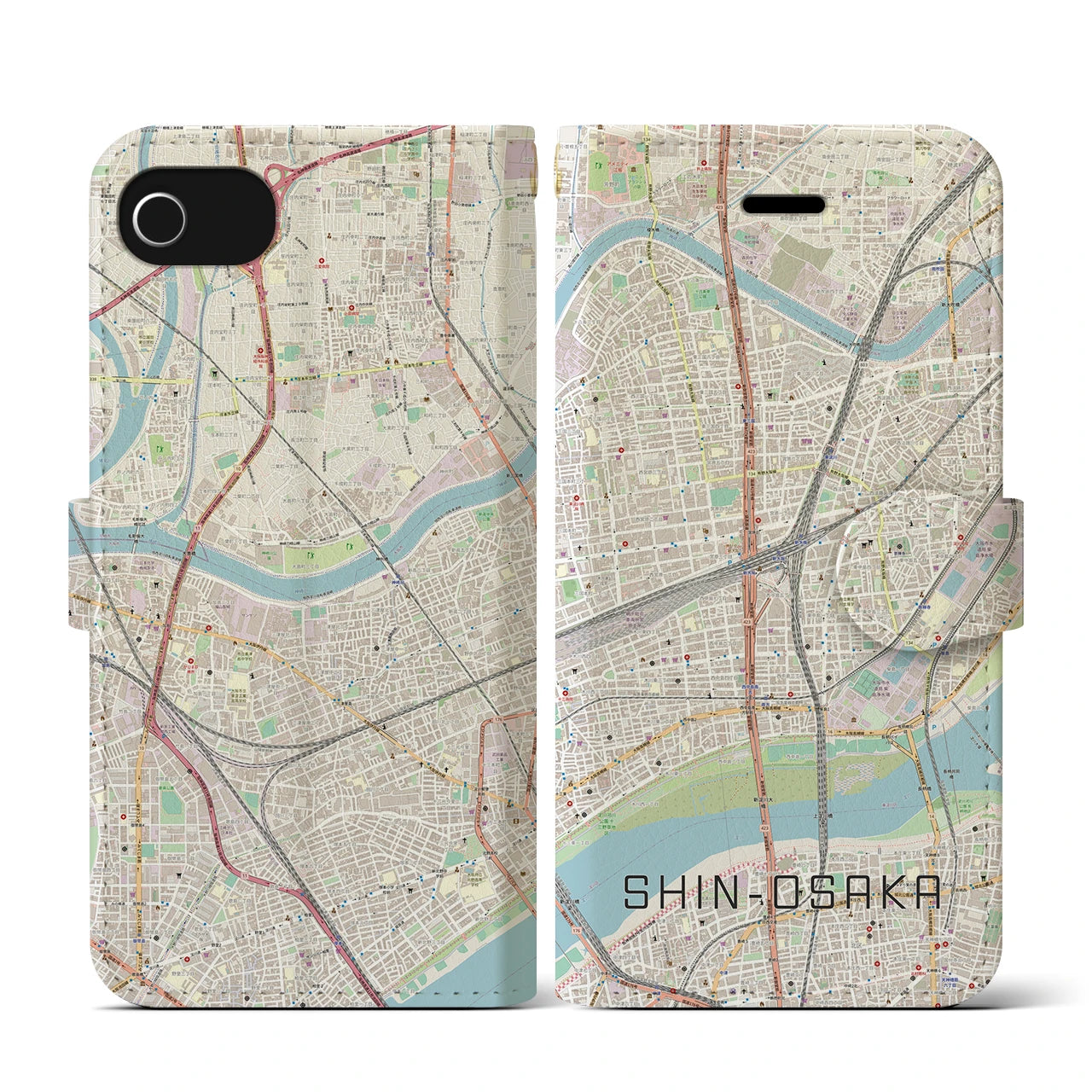 【新大阪(大阪府)】地図柄iPhoneケース(手帳タイプ)ナチュラル・iPhone SE(第3 / 第2世代) / 8 / 7 / 6s / 6 用