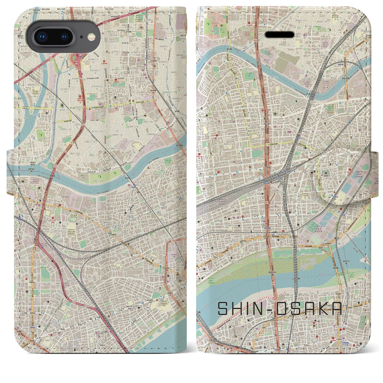 【新大阪(大阪府)】地図柄iPhoneケース(手帳タイプ)ナチュラル・iPhone 8Plus /7Plus / 6sPlus / 6Plus 用