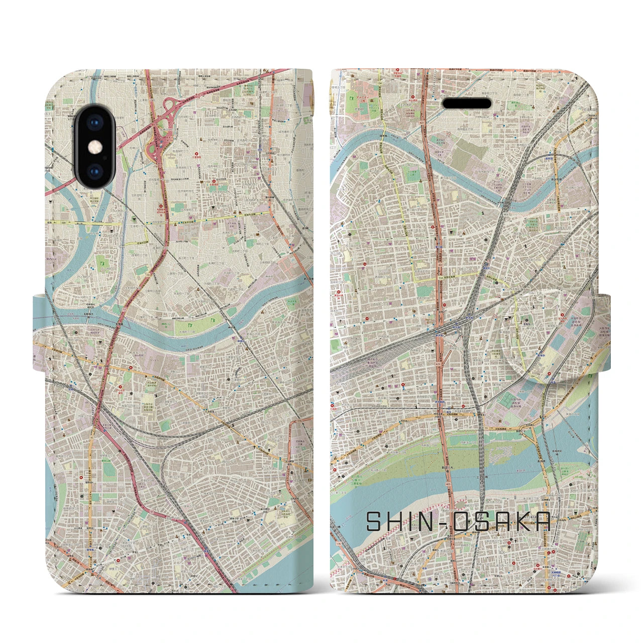 【新大阪(大阪府)】地図柄iPhoneケース(手帳タイプ)ナチュラル・iPhone XS / X 用