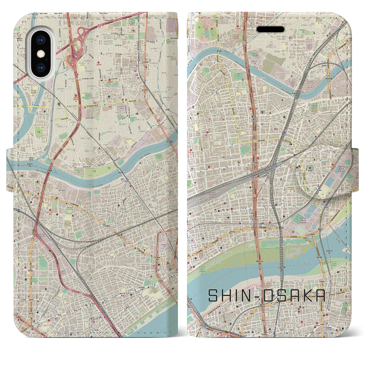 【新大阪(大阪府)】地図柄iPhoneケース(手帳タイプ)ナチュラル・iPhone XS Max 用