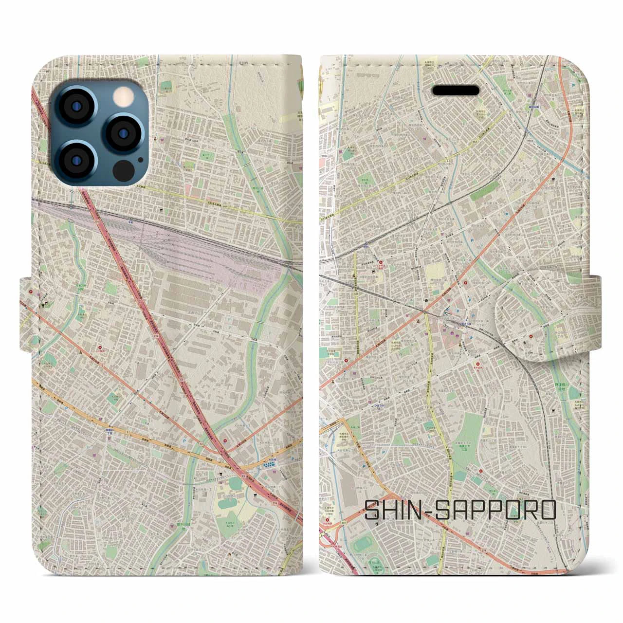 【新札幌(北海道)】地図柄iPhoneケース(手帳タイプ)ナチュラル・iPhone 12 / 12 Pro 用