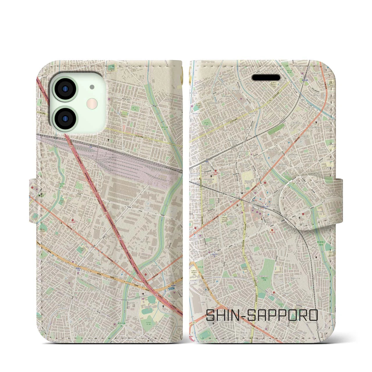 【新札幌(北海道)】地図柄iPhoneケース(手帳タイプ)ナチュラル・iPhone 12 mini 用