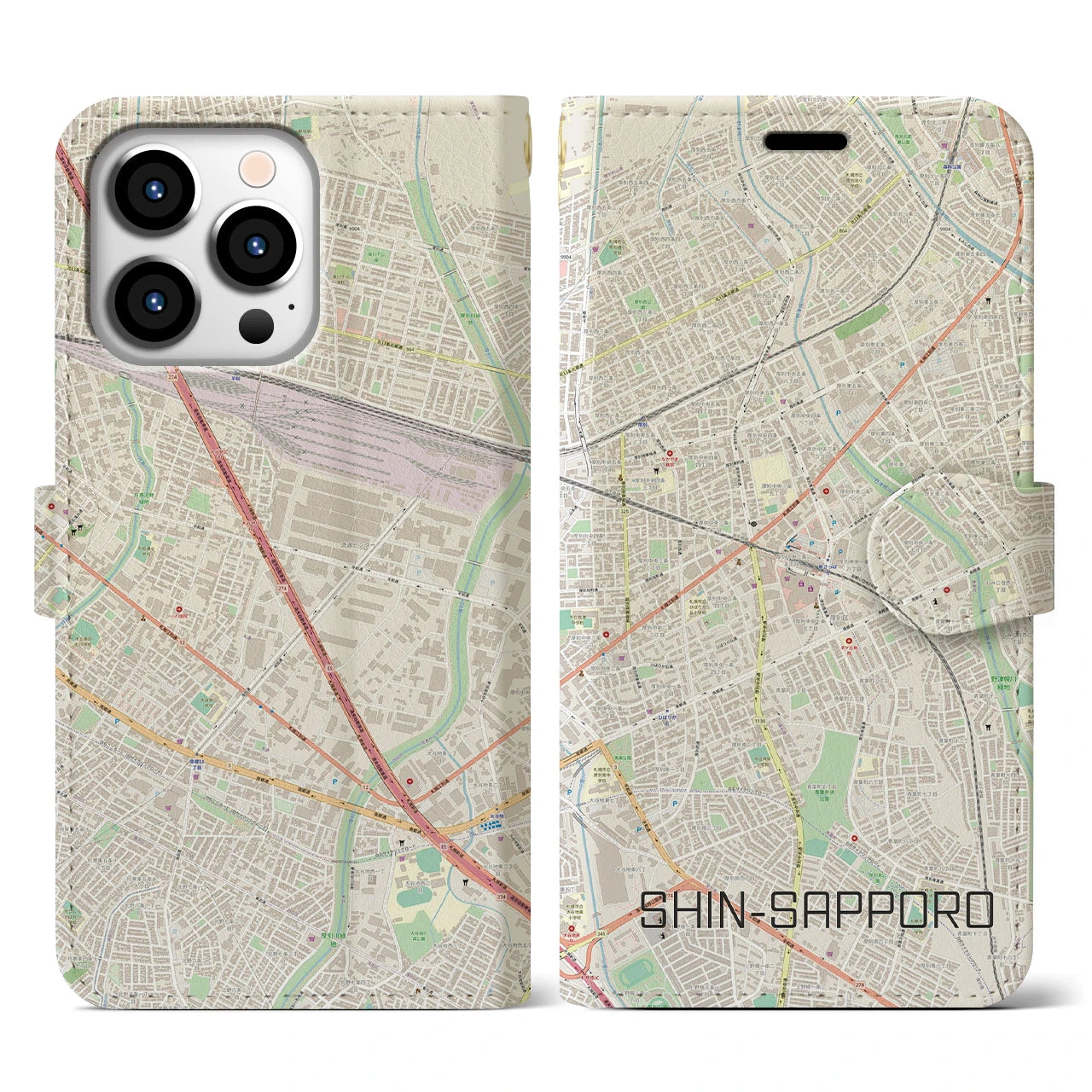 【新札幌(北海道)】地図柄iPhoneケース(手帳タイプ)ナチュラル・iPhone 13 Pro 用