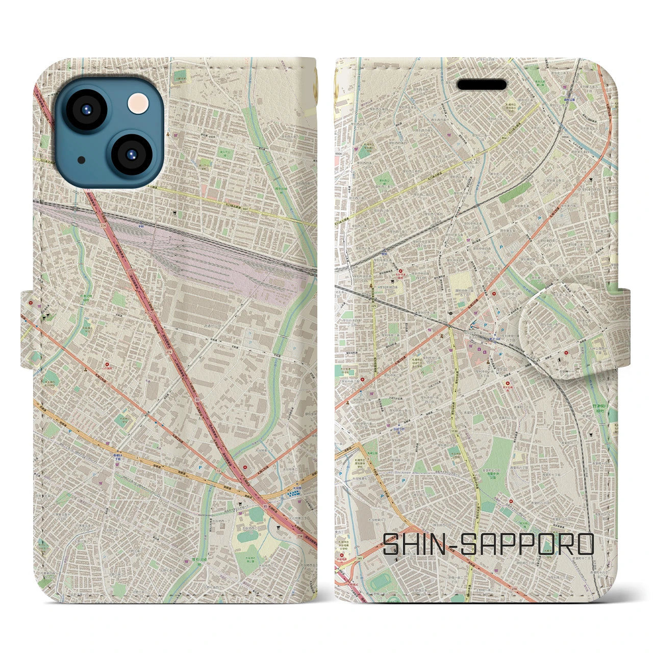 【新札幌(北海道)】地図柄iPhoneケース(手帳タイプ)ナチュラル・iPhone 13 用