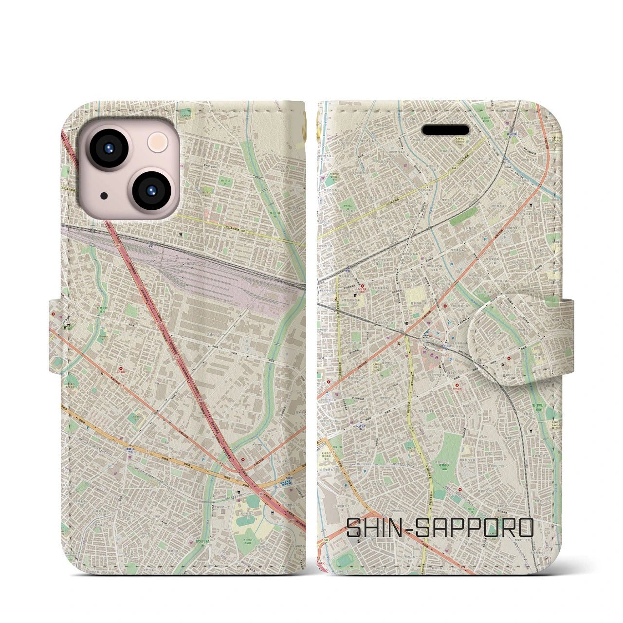 【新札幌(北海道)】地図柄iPhoneケース(手帳タイプ)ナチュラル・iPhone 13 mini 用