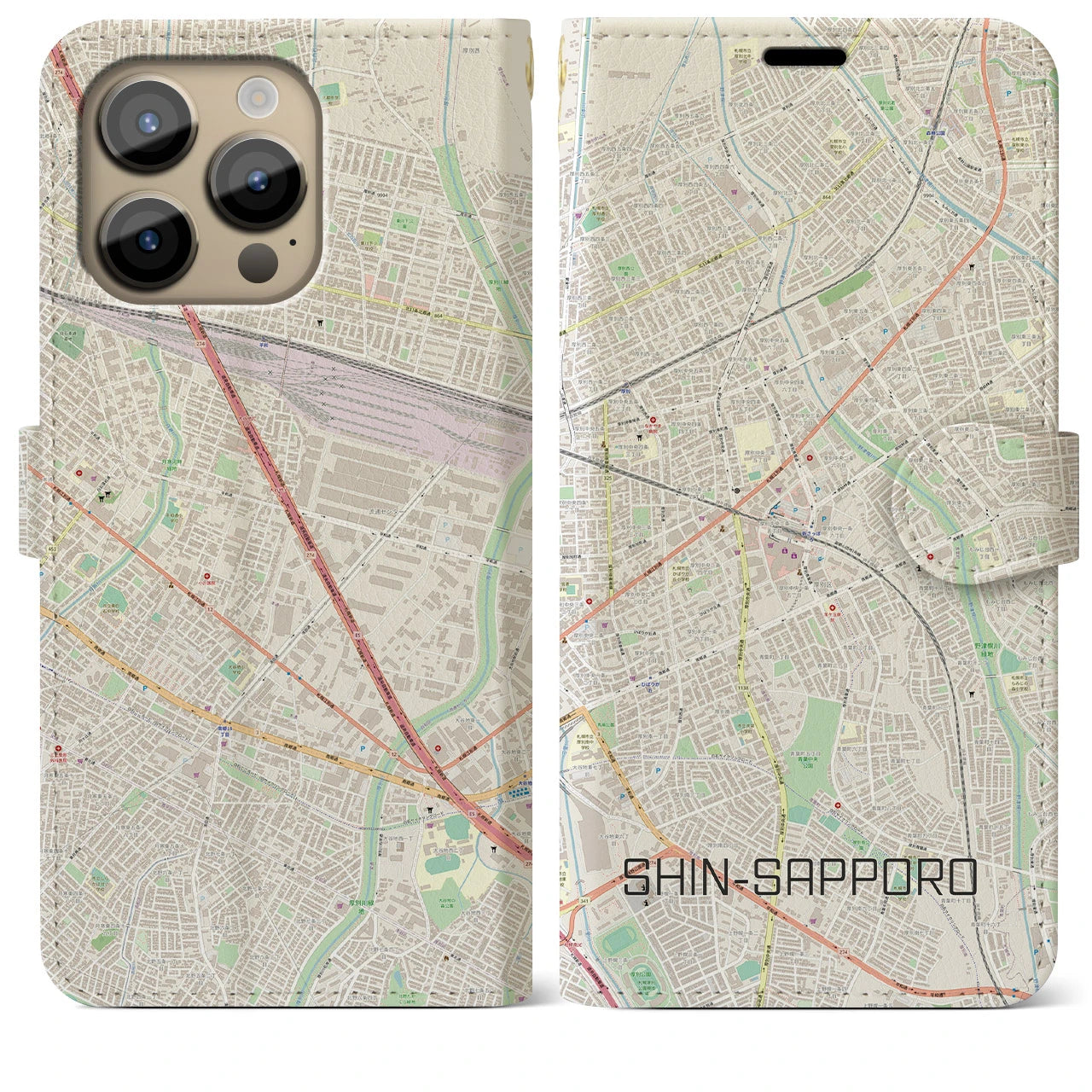 【新札幌(北海道)】地図柄iPhoneケース(手帳タイプ)ナチュラル・iPhone 14 Pro Max 用
